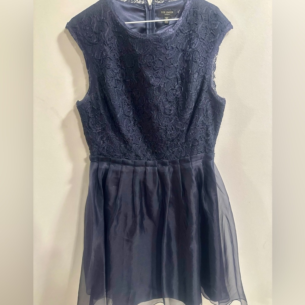 Sleeveless Ted Baker dress in Dark Blue, lace top, chiffon skirt over silk (4)